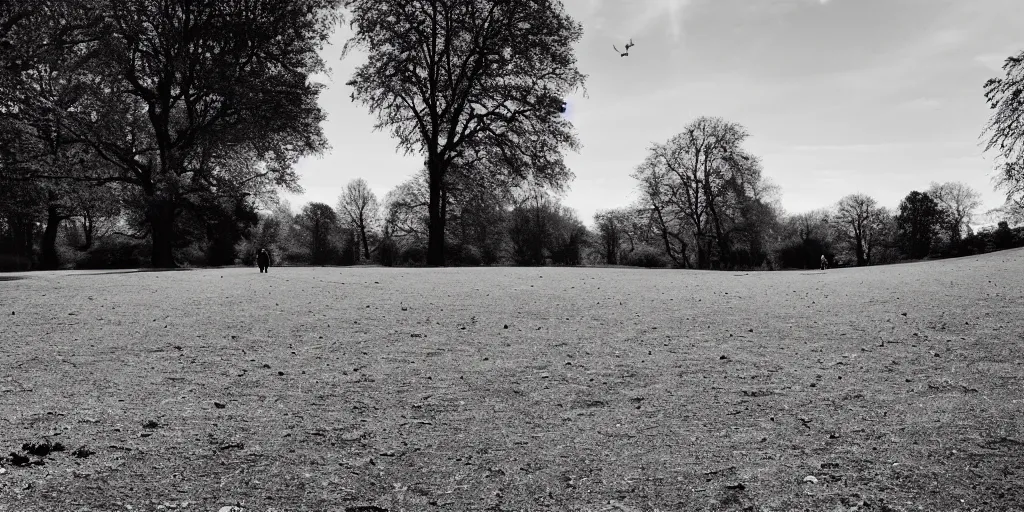 Image similar to Parched ground on Hampstead Heath, people walking with aunt, cracks, blue sky, photorealistic