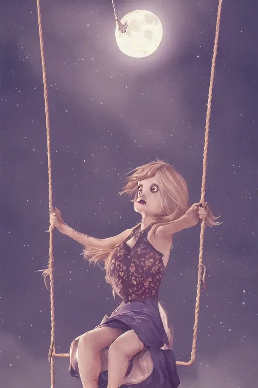 Prompt: undead girl swinging on a swing attached to the moon, highly detailed, artstation,