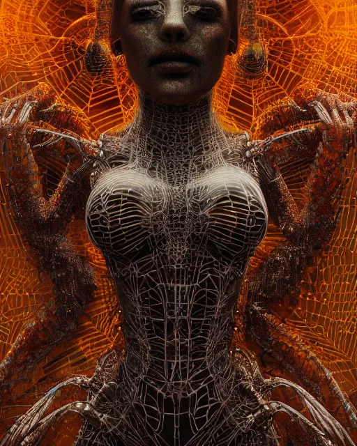 Image similar to timeless spiderwoman deity with circuitry skin and networked mind tripping on acid, intricate detail, royo, whealan, giger, klimt, hd, octane render, unreal engine,