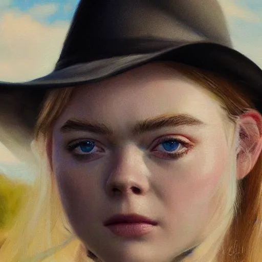 Image similar to ultra realistic portrait painting of elle fanning as a western outlaw, art by erick arciniega, 4 k, ultra realistic, highly detailed, epic lighting