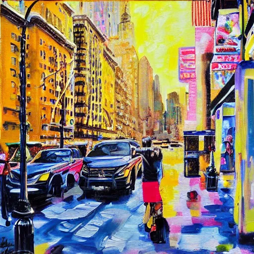 Image similar to sunny new york in the morning, painting, happiness