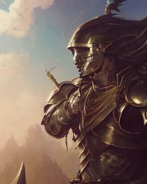 Image similar to highly detailed vfx portrait of a fantasy knight, stephen bliss, unreal engine, greg rutkowski, loish, rhads, beeple, makoto shinkai and lois van baarle, ilya kuvshinov, rossdraws, tom bagshaw, alphonse mucha, global illumination, detailed and intricate environment