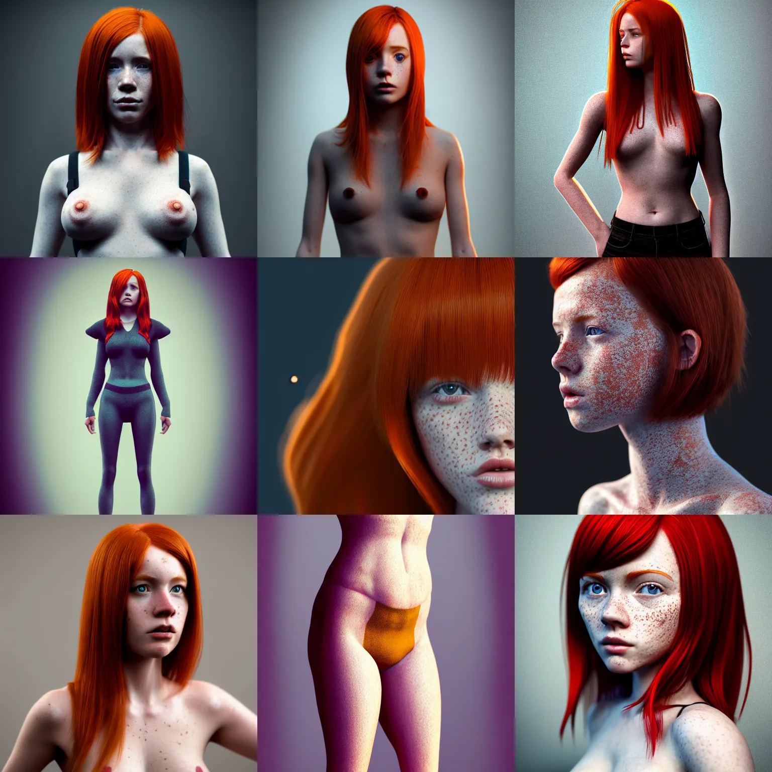 Prompt: full body photo of a redheaded petite girl with freckles, trending on artstation, very coherent symmetrical artwork, perfect face, 135 mm, cinematic, hyper realism, high detail, octane render, 8k, chrome accents