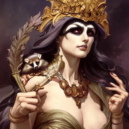 Image similar to a raccoon as the roman goddess of chaos!! intricate elegant, highly detailed, digital painting, artstation, concept art, smooth, sharp focus, illustration, art by ( ( ( artgerm ) ) ) and greg rutkowski! and ( ( alphonse mucha ) ), heavily influenced by frank frazetta and boris vallejo, sword and sorcery