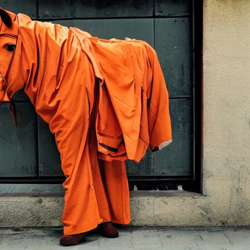 Image similar to horse with orange inmate clothes, in a jail