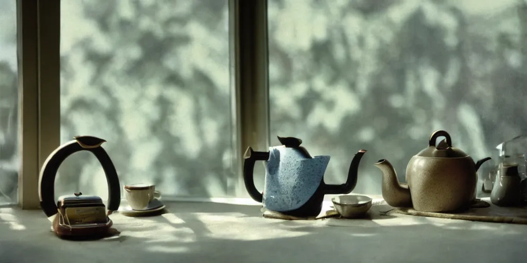 Image similar to 1980s magazine photo of tea kettle shaped like a shark, next to a window with dappled natural light, smoky