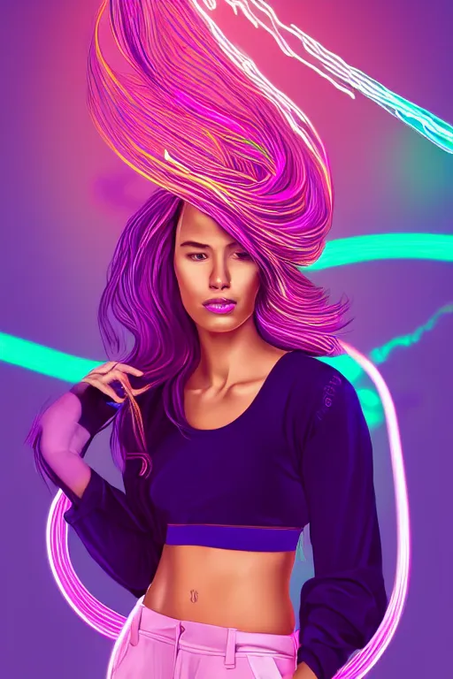 Image similar to a award winning half body portrait of a beautiful woman in a croptop and cargo pants with ombre purple pink teal hairstyle surrounded by whirling illuminated lines, outrun, vaporware, shaded flat illustration, digital art, trending on artstation, highly detailed, fine detail, intricate