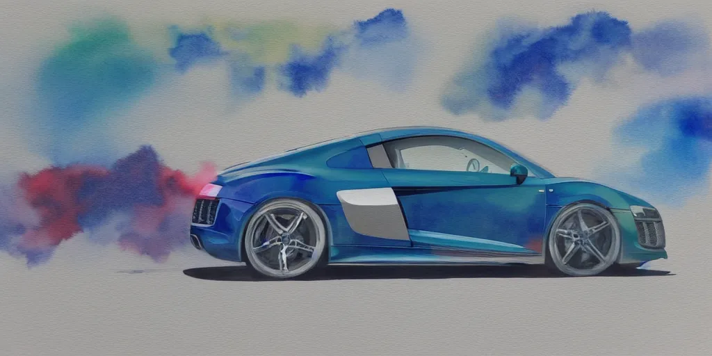 Image similar to audi r 8 water color painting, rtx, raytracing, 8 k, highly detailed, soft colors,