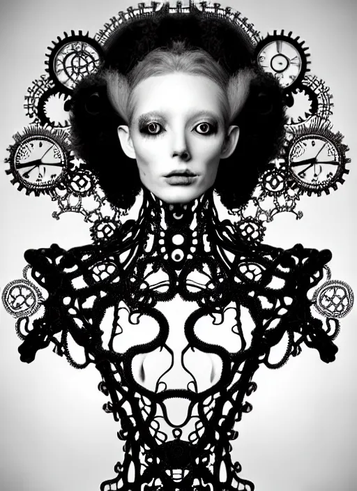 Image similar to surreal black and white photo portrait of complex bio-mechanical beautiful young female vegetal-cyborg with a Mandelbrot fractal steampunk metal fine lace face, curled silver hair and a fine metal floral foliage super big lace collar by Alexander McQueen:: high fashion, haute couture, rococo, steampunk, silver filigree details, anatomical, facial muscles, cable wires, microchip, elegant, hyper realistic, 150 mm lens, soft rim light, octane render, unreal engine, volumetric lighting, 8k,