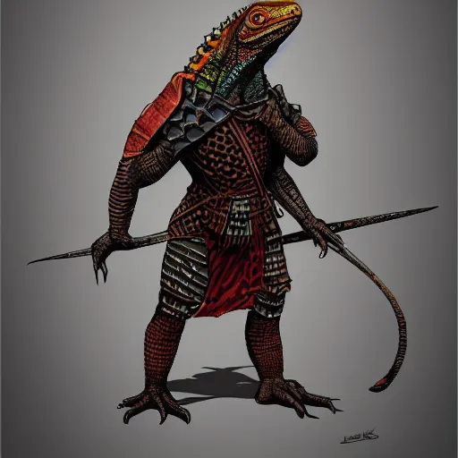 Image similar to anthro iguana warrior wearing cloak, dnd illustration by enki bilal and dan mumford, character concept trending on artstation