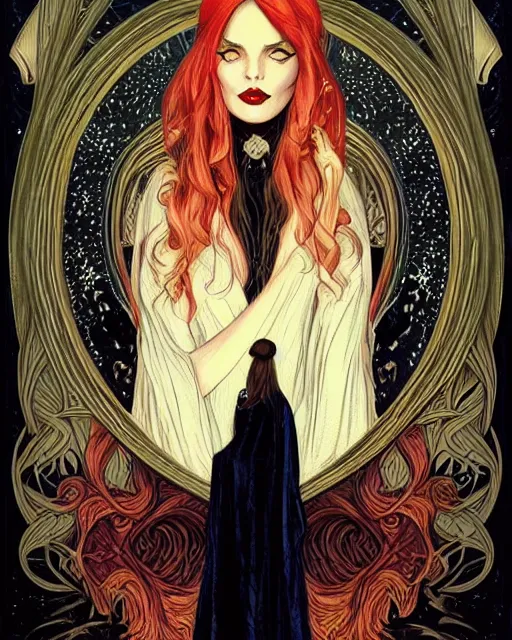 Image similar to tarot, art nouveau border, beautiful wicked female occultist, sweeping ombre blonde hair, red eyes, black velvet dress, dark colors, magic Amulet, raven, fantasy painting, trending in Artstation, GSociety, by Charlie Bowater, Brom, Bastien Lecouffe-Deharme