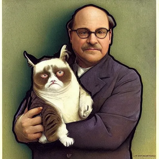 Image similar to “ george costanza holding grumpy cat, sitting on velvet couch, realistic, very detailed, by alphonse mucha ”