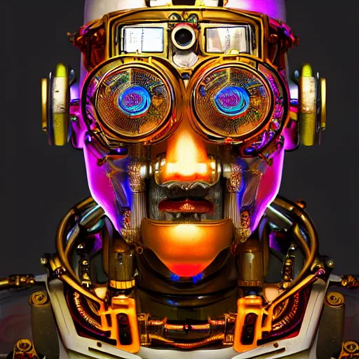 Prompt: a glass statue of a steampunk aztec futuristic robot head wearing brain sensors with multicolored tubes and a headset, 8 k, front shot, symetrical, flourescent colors, halluzinogenic, multicolored, insanely detailed, front shot, 3 d render, octane