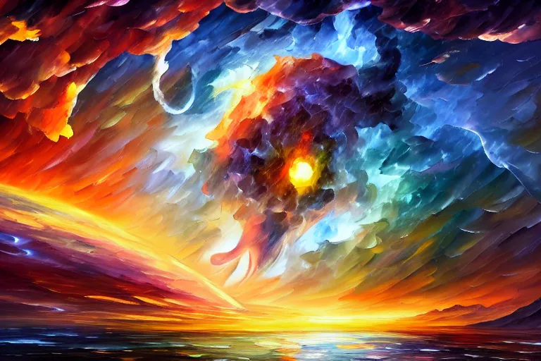 Image similar to a god giving birth to a new universe and then dissolving itself into it, in the style of wlop and leonid afremov, illustration, epic, fantasy, hyper detailed, smooth, unreal engine, sharp focus, ray tracing