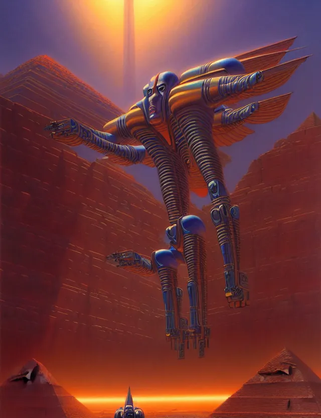 Prompt: a sphynx egyptian mecha, tim hildebrandt, wayne barlowe, bruce pennington, donato giancola, trending on artstation, cinematic composition, beautiful lighting, hyper detailed, 8 k, oil on canvas