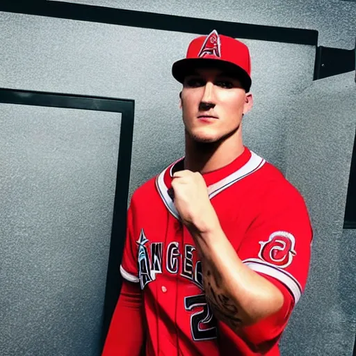 Image similar to “a realistic detailed photo of a guy who is an attractive humanoid who is half robot and half humanoid, who is a male android, baseball player Mike Trout, shiny skin, posing like a statue, blank stare”