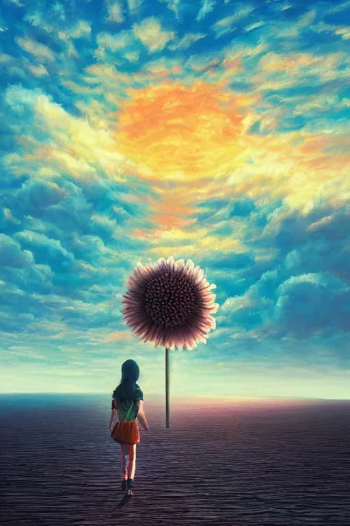 Image similar to giant daisy flower head, girl walking on salt flats mountains, surreal photography, sunrise, dramatic light, impressionist painting, colorful clouds, digital painting, artstation, simon stalenhag