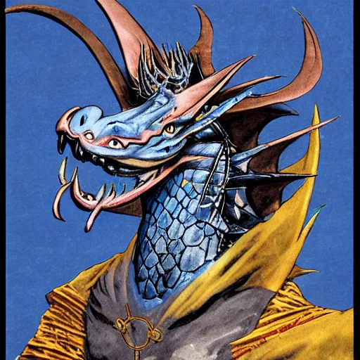Prompt: half length portrait of a medieval d & d fantasy anthropomorphic blue dragon, comic book cover art by dave mckean