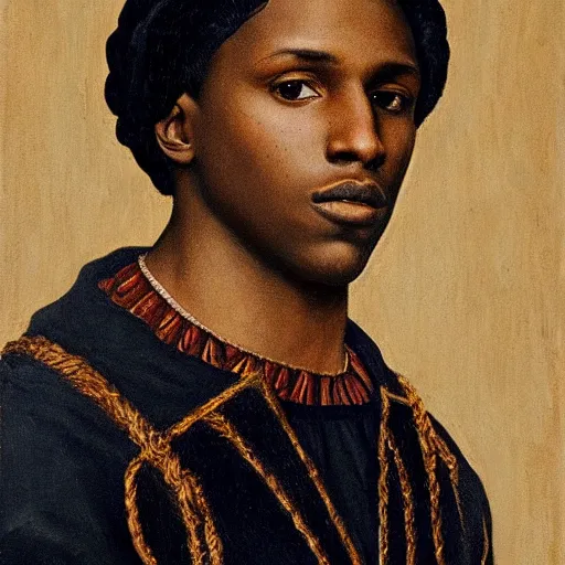 Image similar to a renaissance style portrait painting of asap rocky