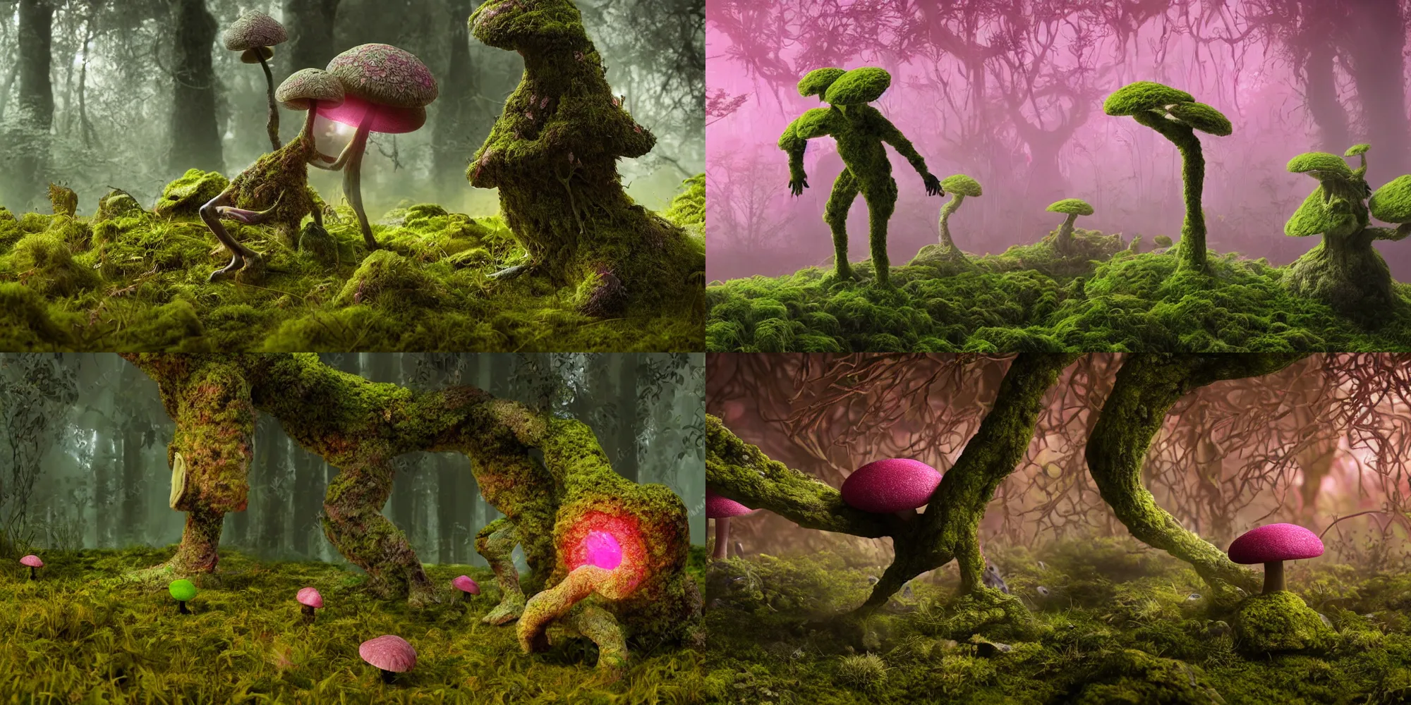 Prompt: organic mushroom lichen moss monster, silhouette of a strange long legged creature foraging through the undergrowth, pink gold and green colour scheme, in the style of patrick woodroffe, dramatic lighting, 8k octane unreal render
