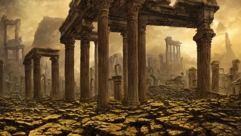 Image similar to elaborated ornate painted illustration of the non-ecludian cyclopean ruins of the dead city of the elder gods, matte painting, dramatic lighting, highly detailed oil painting, 8k resolution, sorrowful nostalgic awe-inspiring atmosphere, masterpiece