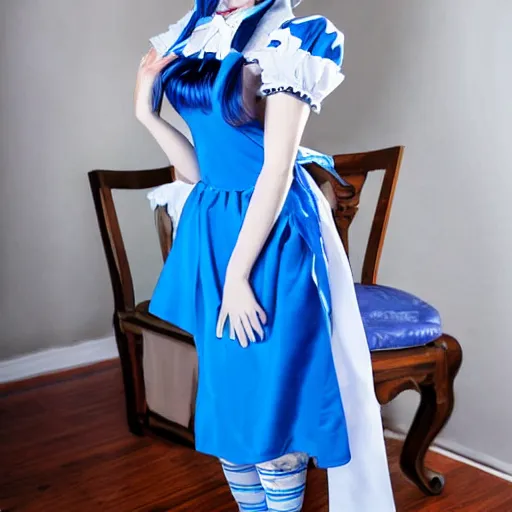 Prompt: a cute smiling maid in blue maid costume , long blue hair, anime style.
