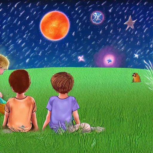 Prompt: very detailed digital drawing of a few children sitting on a grass field look at a galactic war in the sky