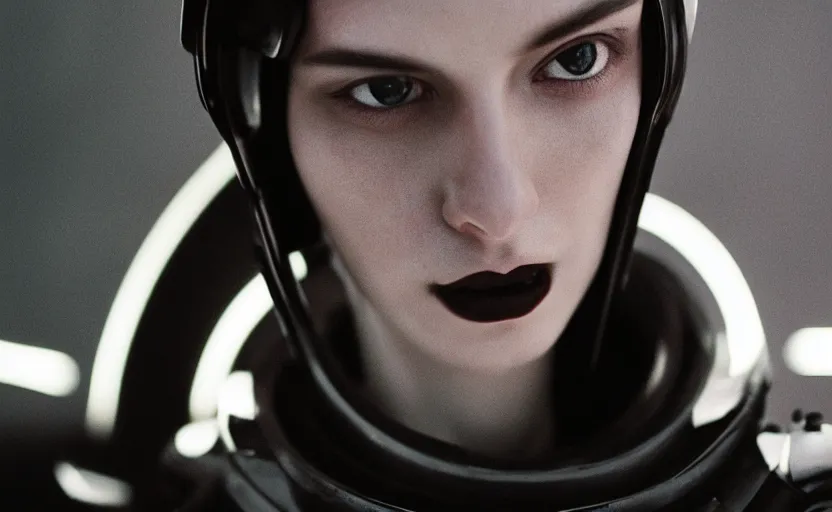 Image similar to cinestill 5 0 d candid photographic portrait by stanley kubrick of a feminine male android wearing black techwear on a brutalist dystopian spaceship, extreme closeup, modern cyberpunk moody emotional cinematic, liminal overgrown god rays, 8 k, hd, high resolution, 3 5 mm, f / 3 2, ultra realistic faces, ex machina