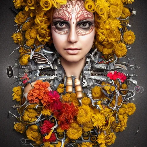 Image similar to a beautiful intricate fine art portrait photo of an indian cyborg with bionic implants on the face, epic curly hair spread out around her lined with beautiful yellow hibiscus, lying on a bed of daisies, by natalie shau and james christensen, masterpiece!, top view, studio lighting, golden ratio composition, 5 0 mm lens, deep depth of field, artstation, 8 k