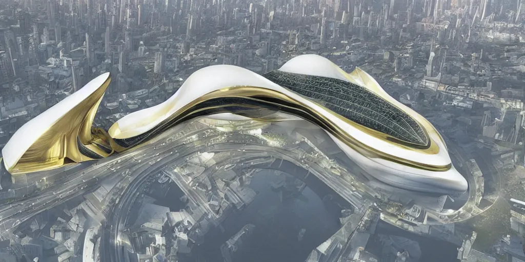 Image similar to mosque floating spaceship by zaha hadid, golds fantasy world