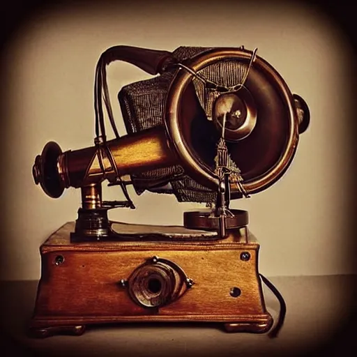 Old steampunk gramophone with antique loudspeakers, Stable Diffusion