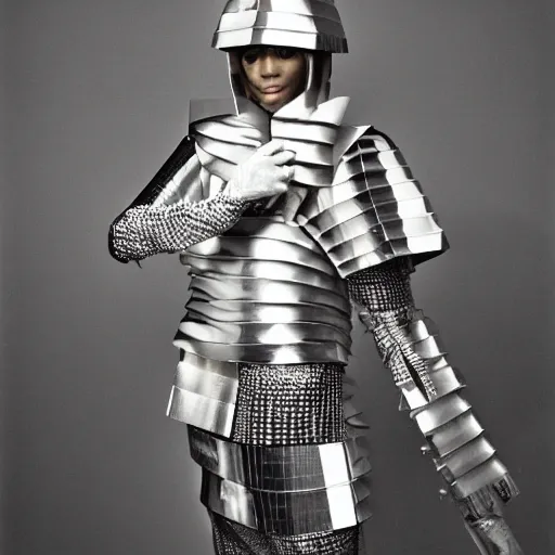 Image similar to a paladin wearing issey miyake armor in a club, portrait, fashion photography, by davide sorrenti, jemal shabazz, nan goldin