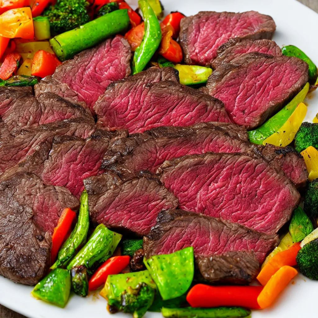 Image similar to a plate of perfectly cooked wagyu steak and vegetables