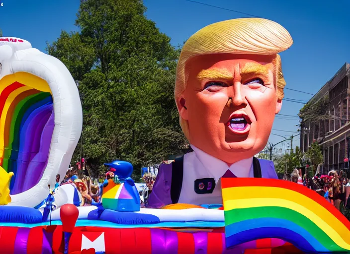 Image similar to pride parade float in the shape of donald trump's head, photorealistic, canon 5 d, sharp, sunlight, reflection, inflatable, rainbow