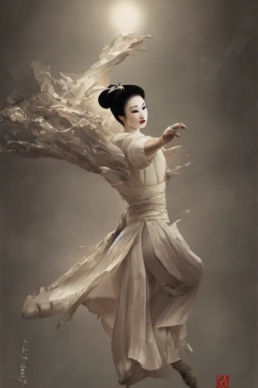 Image similar to geisha prima ballerina dancing in the wind, intricate, elegant, volumetric lighting, digital painting, highly detailed, artstation, sharp focus, illustration, concept art, ruan jia, steve mccurry