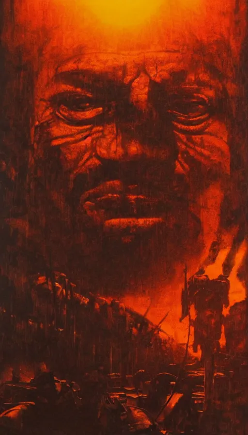 Prompt: harvey weinstein's face close up on the apocalypse now poster, red sunset, snake river in the jungle, black helicopters, air brush, oil paint, radiant light, caustics, heroic, bright iridescent light, by gaston bussiere, by bayard wu, by greg rutkowski, by maxim verehin