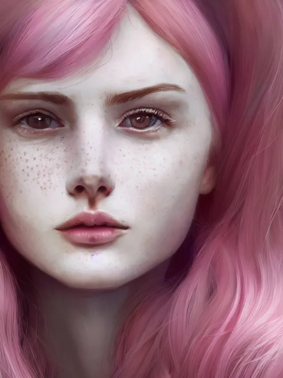 Image similar to beautiful russian girl with slight freckles and short faintly colored in pink hair and septum piercing, thin round earrings, winds of winter, au naturel, hyper detailed, digital art, trending in artstation, cinematic lighting, studio quality, smooth render, octane rendered, concept art, sharp focus, illustration, art by artgerm and greg rutkowski and wlop