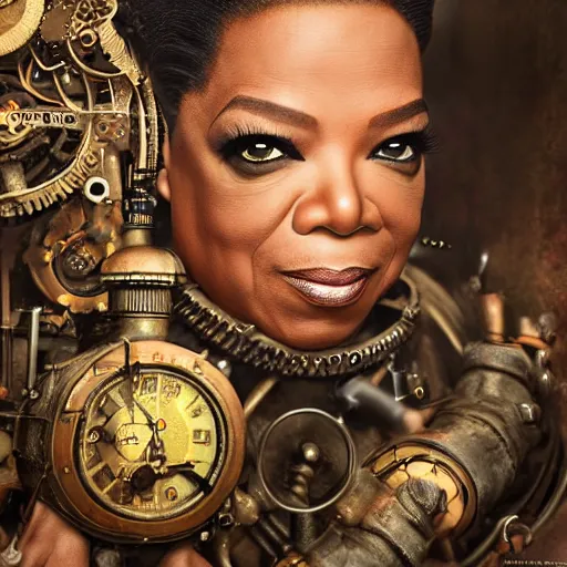 Image similar to oprah winfrey steampunk cyborg, fantasy, sharp focus, contemporary fashion shoot, by edward robert hughes, annie leibovitz and steve mccurry, david lazar, jimmy nelsson, extremely detailed, hyperrealistic, perfect face, octane render