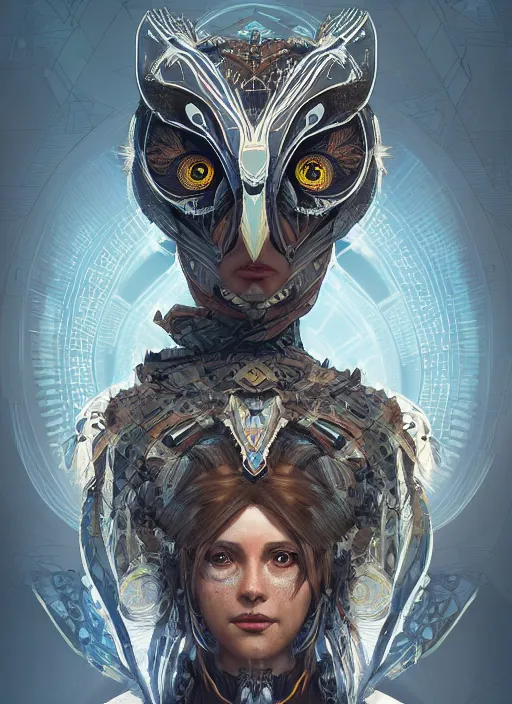 Image similar to symmetry!! portrait of owl alien in the style of horizon zero dawn, machine face, intricate, elegant, highly detailed, digital painting, artstation, concept art, smooth, sharp focus, illustration, art by artgerm and greg rutkowski and alphonse mucha, 8 k