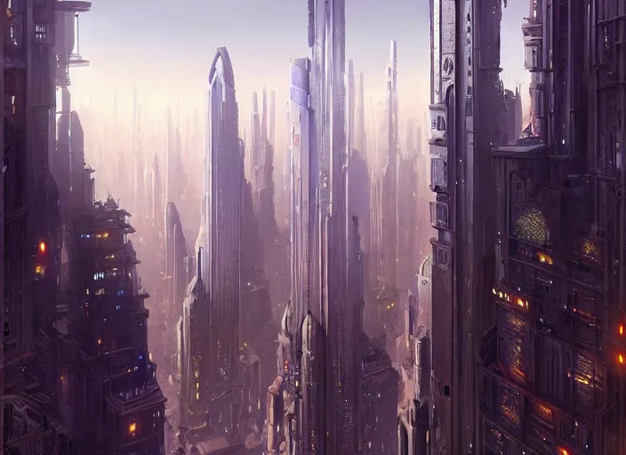 Prompt: a painting of a city with a lot of tall buildings, a detailed matte painting by stephan martiniere, cgsociety, fantasy art, steampunk, matte painting, matte drawing