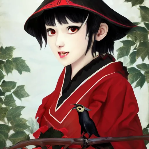 Prompt: portrait of a female crow tengu journalist aya shameimaru with short black hair and a tiny red hexagonal hat, wearing a white shirt and a black and autumn leaf patterned skirt, touhou beautiful and detailed digital art, 4 k hd, ross tran, bo chen, rebecca oborn, michael whelan