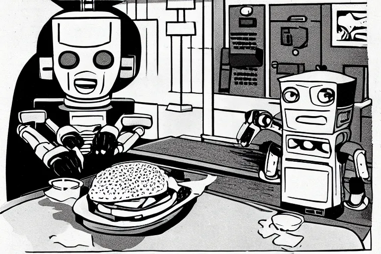 Image similar to robot eating cheese burger