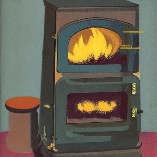 Prompt: 5 0 s illustration for a nuclear powered stove, painterly