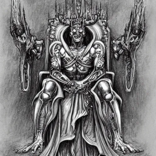 Image similar to pencil illustration. the god emperor on his golden throne. 4 0 k. body horror. in the style of giger.