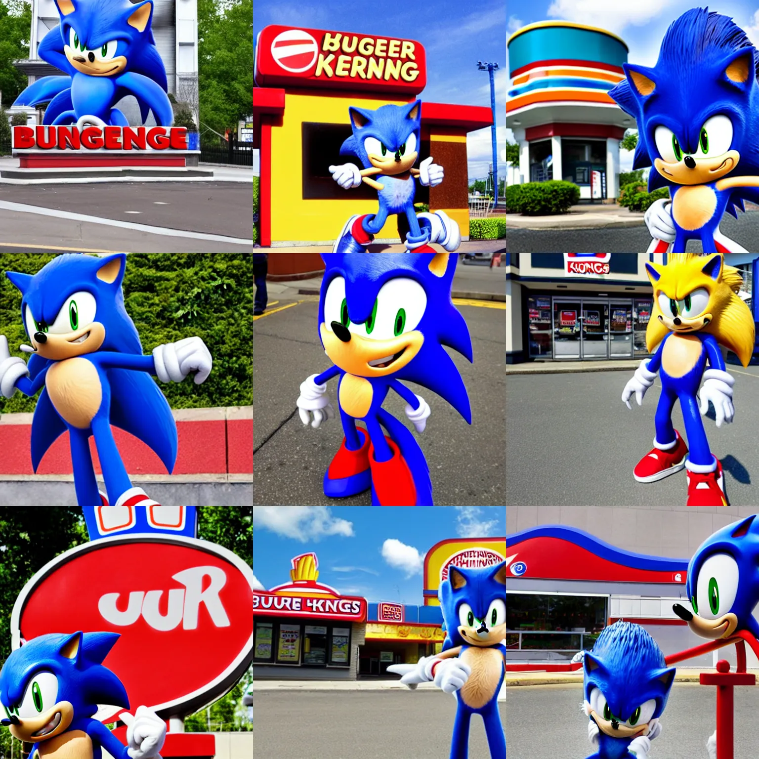 Prompt: sonic the hedgehog outside of burger king with the burger king sign in the background