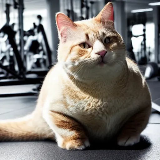 Image similar to a very fat cat doing exercises at the gym, photorealistic, hd