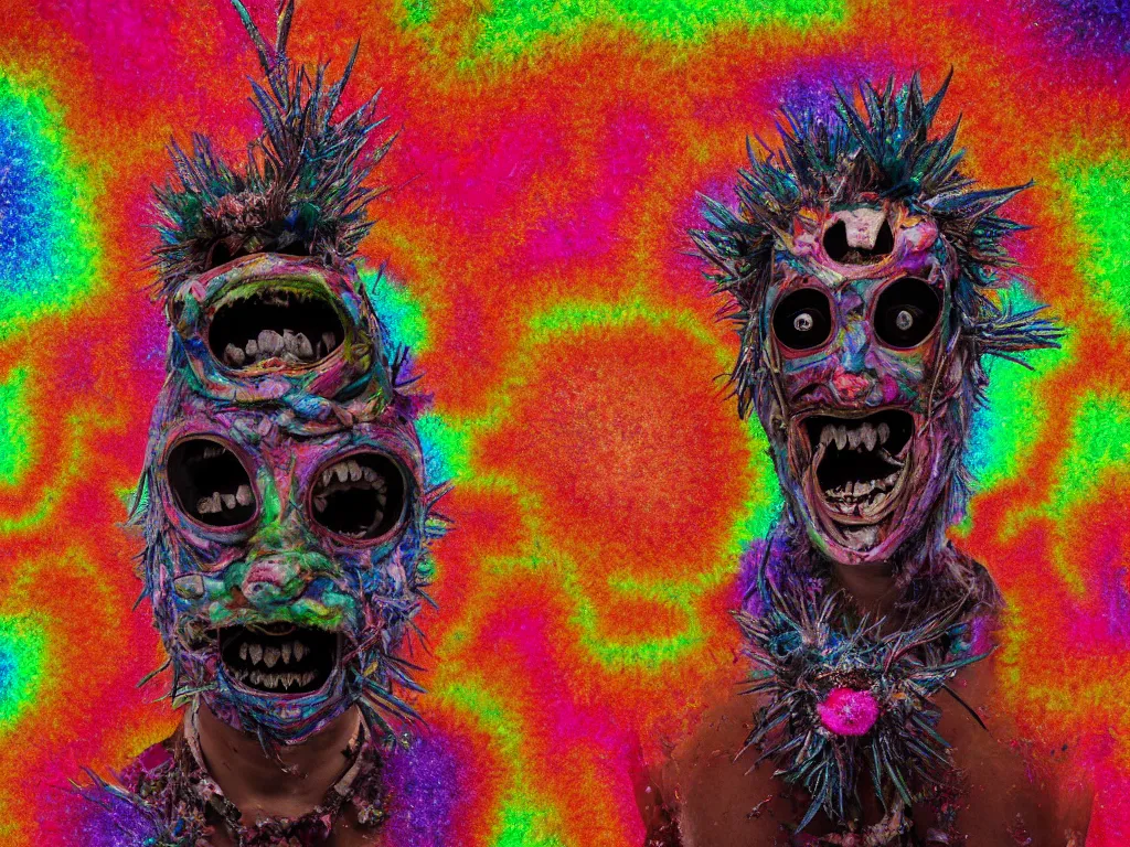 Image similar to a portrait of a beautiful colorful ( flesh - eating ) yamazaku wearing a terrifying mask and covered in rainbow fur, the ground is covered in maggots, seen from a fractal kaleidoscope, schizophrenic hallucination, fear, morbid, nightmare, supernatural, 8 k, hd photography, highly detailed, chiaroscuro, terrifying