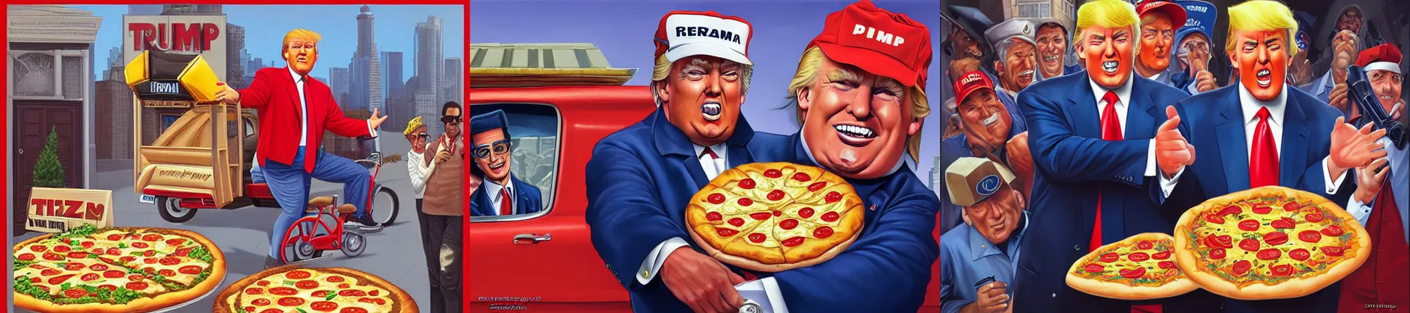 Prompt: Donald Trump pizza delivery guy by Greg Hildebrandt