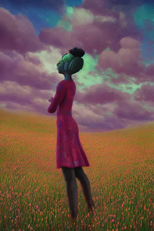 Prompt: closeup, giant flower head, black woman in heather field, surreal photography, starlight, storm clouds, impressionist painting, digital painting, artstation, simon stalenhag