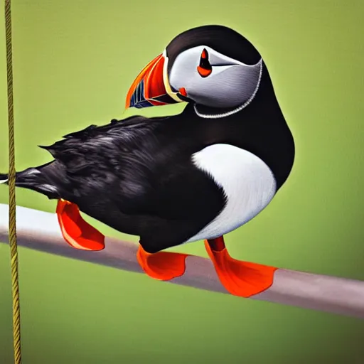 Prompt: realistic puffin sitting on a swing, hyper detailed, trending on artstation